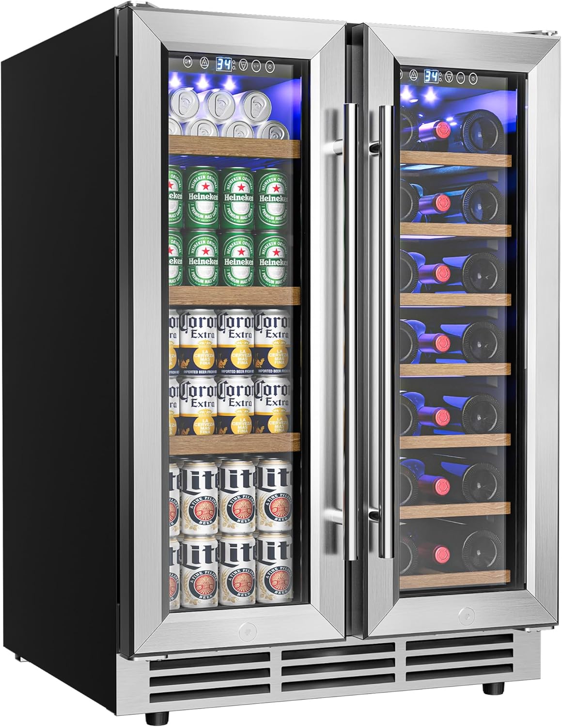 EUHOMY Wine and Beverage Refrigerator, 24 Inch Dual Zone Wine Cooler with Glass Door Hold 21 Bottles and 88 Cans, Built in or Under Counter Wine Fridge with Blue LED Light