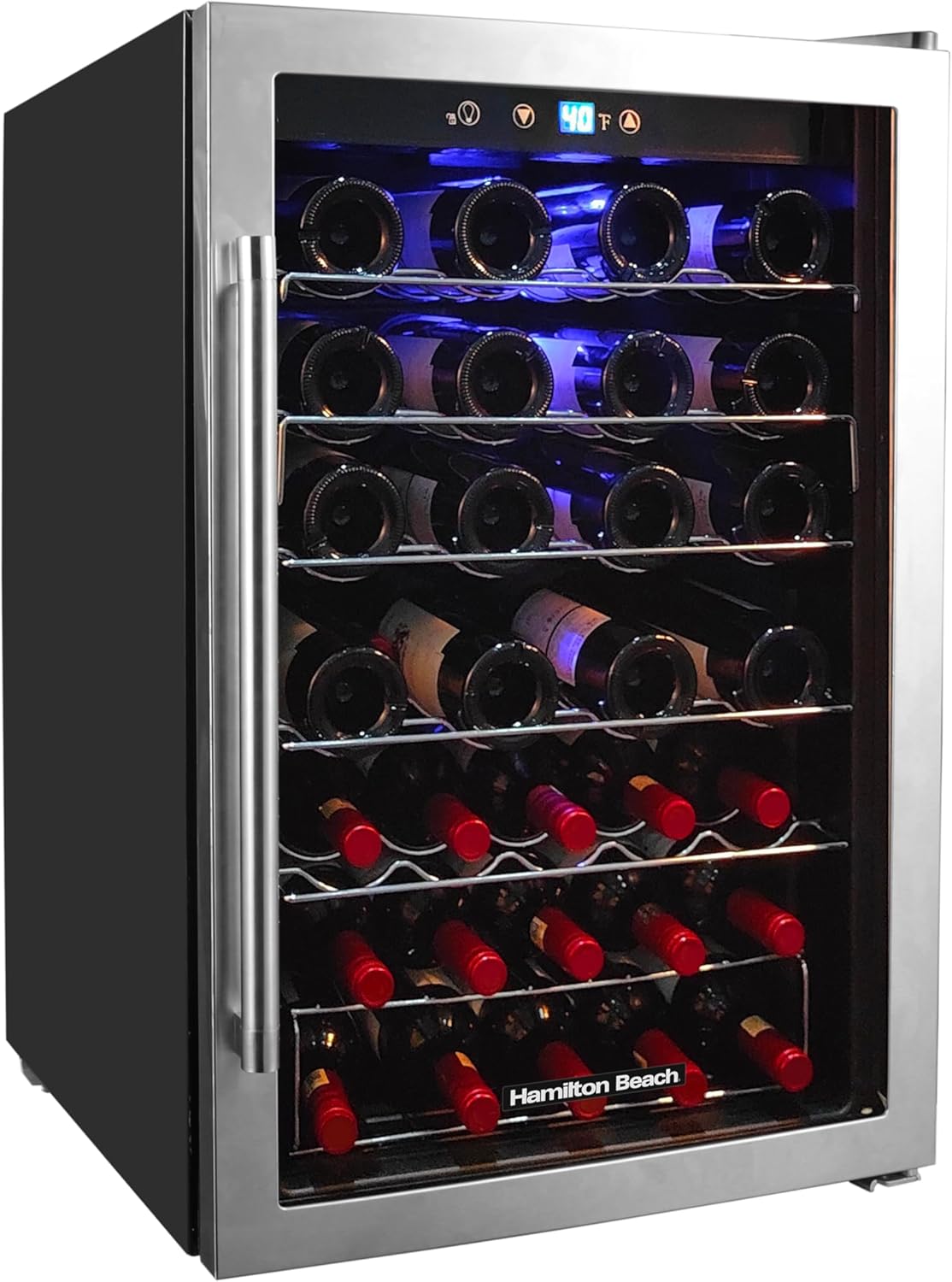 Hamilton Beach HBWF4303, 43-Bottle Wine Cooler Fridge Cellar with Curved Wire Shelves, Digital Control, Mirror Finish