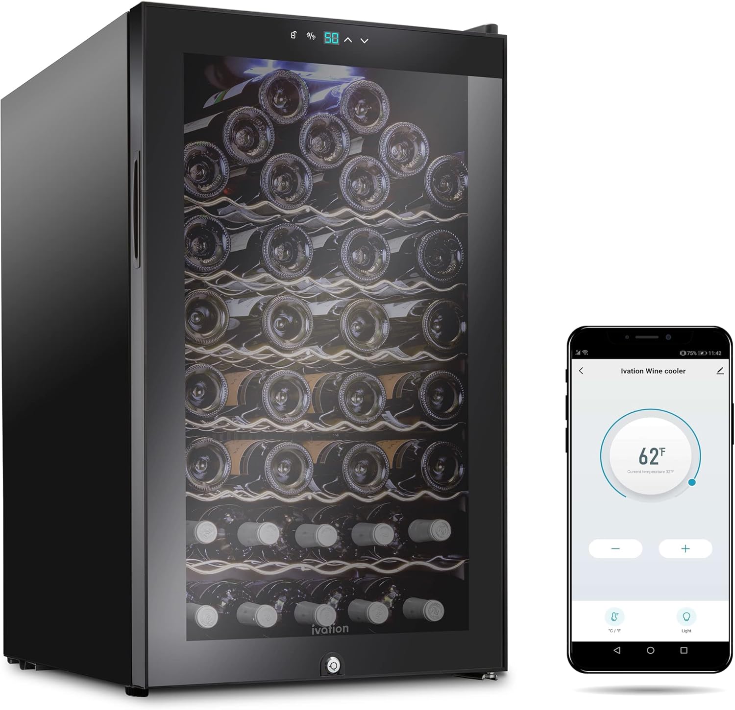 Ivation 51 Bottle Compressor Wine Cooler Refrigerator with Wi-Fi Smart App Control Cooling System | Large Freestanding Wine Cellar Fridge For Red White Champagne or Sparkling, Black Glass Door  Lock