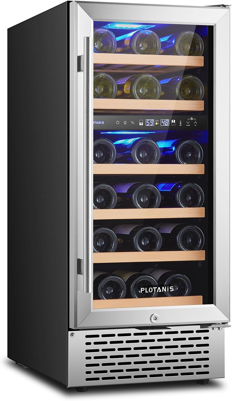 15 Inch Wine Fridge Dual Zone 28 Bottles Under Counter Wine Cooler Refrigerator Built-in or Freestanding with Glass Door Safety Lock