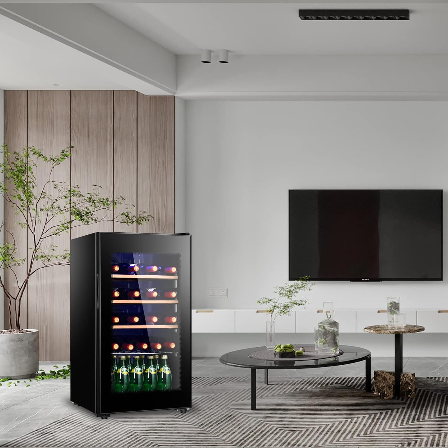 26 Bottle Wine/Beverage Cooler Refrigerator, Freestanding Beverage Refrigerator With Glass Door, 3.4 cu.ft Wine Fridge for Red  White, Temp Control, Ajustable Feet