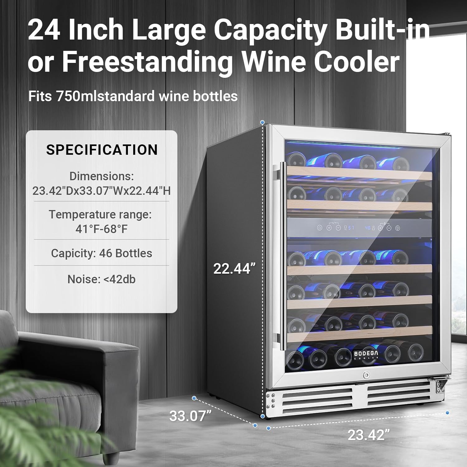 BODEGA 15 Inch Wine Cooler Under Counter, 30 Bottles Dual Zone Wine Fridge, with Double-Layer Glass Door, Temperature Memory and Digital Temperature Control, Built-in or Freestanding