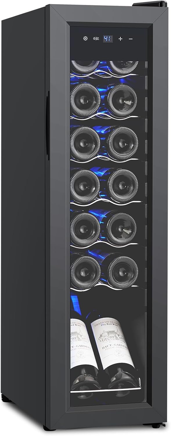 Mini Wine Fridge 14 Bottle, Wine Cooler Temperature Adjustment Range 41~64°F, Wine Fridge Small with Triple Pane Clear Glass Door, Wine Coolers for Home