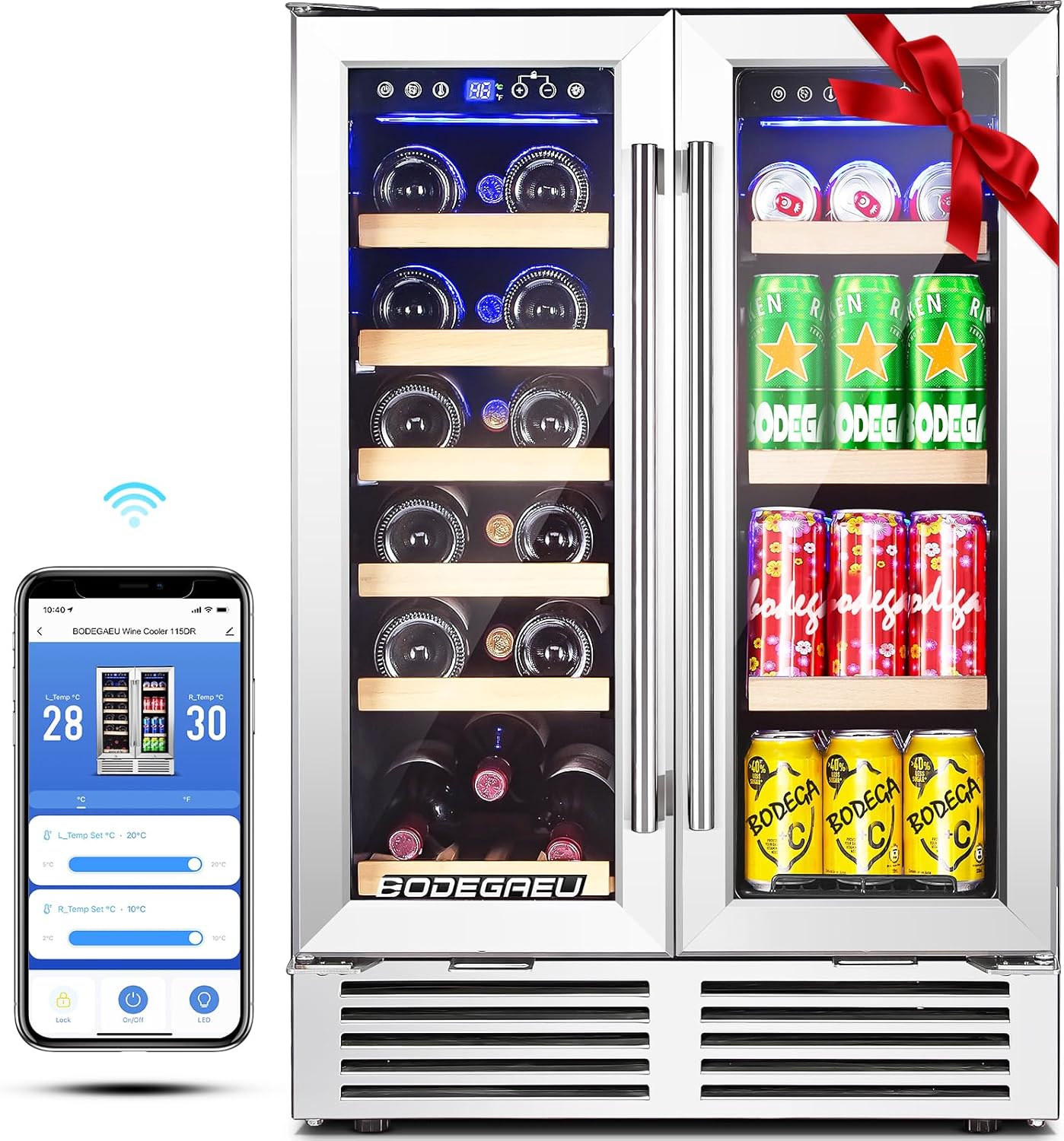 BODEGA Wine and Beverage Refrigerator, 24 Inch Dual Zone Wine Cooler, with Smart APP Control and 2 Safety Locks,Soft LED Light Hold 19 Bottles and 57 Cans, Built-In or Freestanding