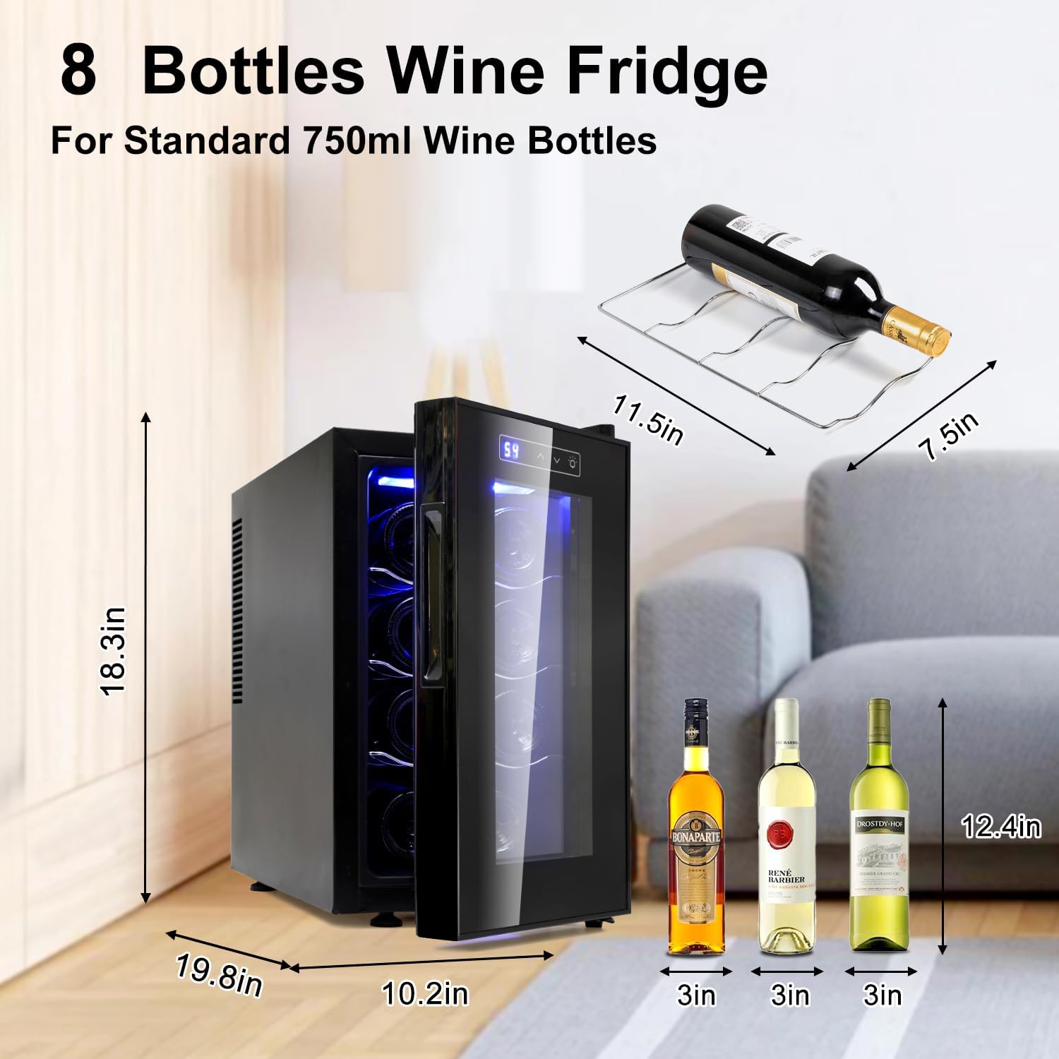 Wine Cooler Refrigerator, 8 Bottle Wine Fridge Small, Freestanding with Digital Temperature Control Mini Wine Fridge, Wine Cellar for Red, White, Champagne