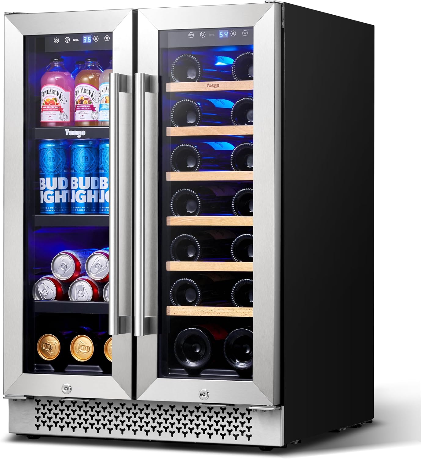 Yeego Wine  Beverage Refrigerator, 24 Inch 60 Cans and 20 Bottles Dual Zone Wine Cooler with Glass Door  Removeable Racks, Built in or Freestanding Under Counter Drink Safety Locks
