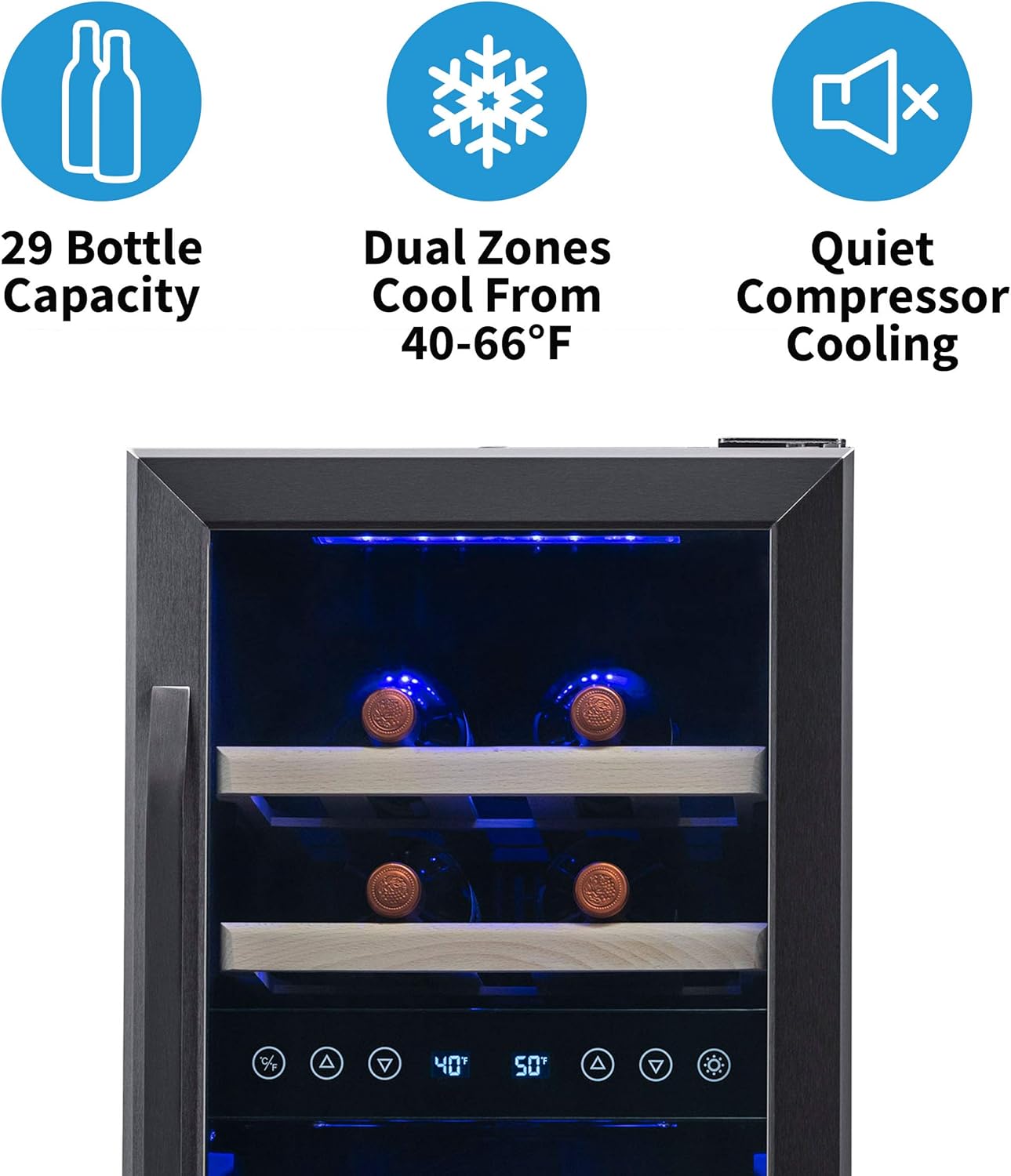 NewAir 15 Dual Zone Wine Cooler Refrigerator in Black Stainless Steel - Under Counter Wine Fridge, Wine Refrigerator for Bottles, Wine Cellars  Home Storage, Holds 28 Bottles